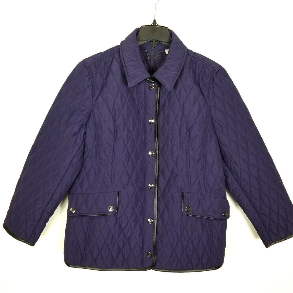 Chico's Women Quilted Jacket Size XL Purple Faux Leather Trim Zip‎ Snap